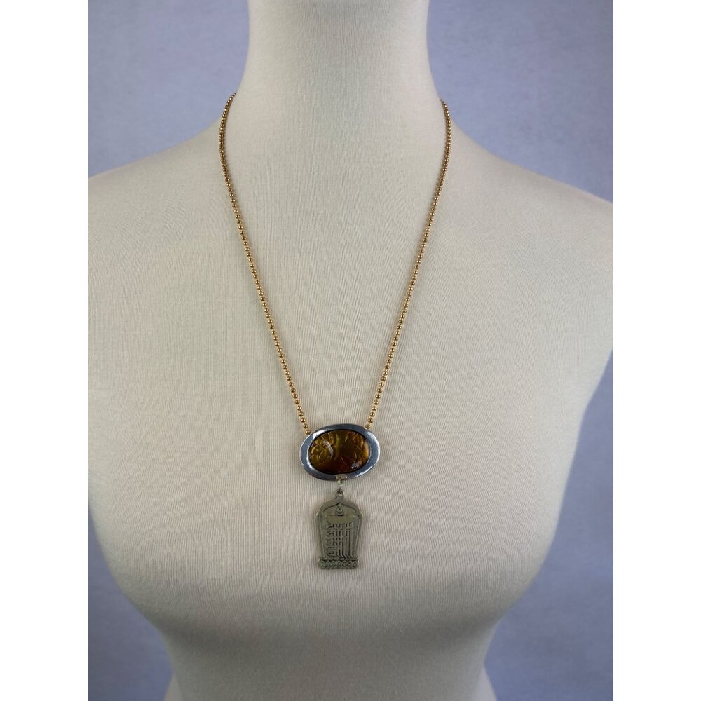 Vintage Kalachakra Mantra Necklace Amber & Brass Pendant Ball Chain